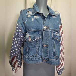 Signature 8 Denim Jacket Stars And Stripes Size S/M Distressed. New